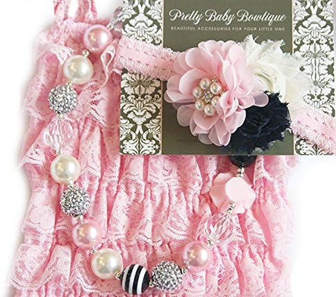 Baby Girl Lace Romper Set- Baby Birthday Outfit by Pretty Baby Bowtique (6-13months, Pink and Black)