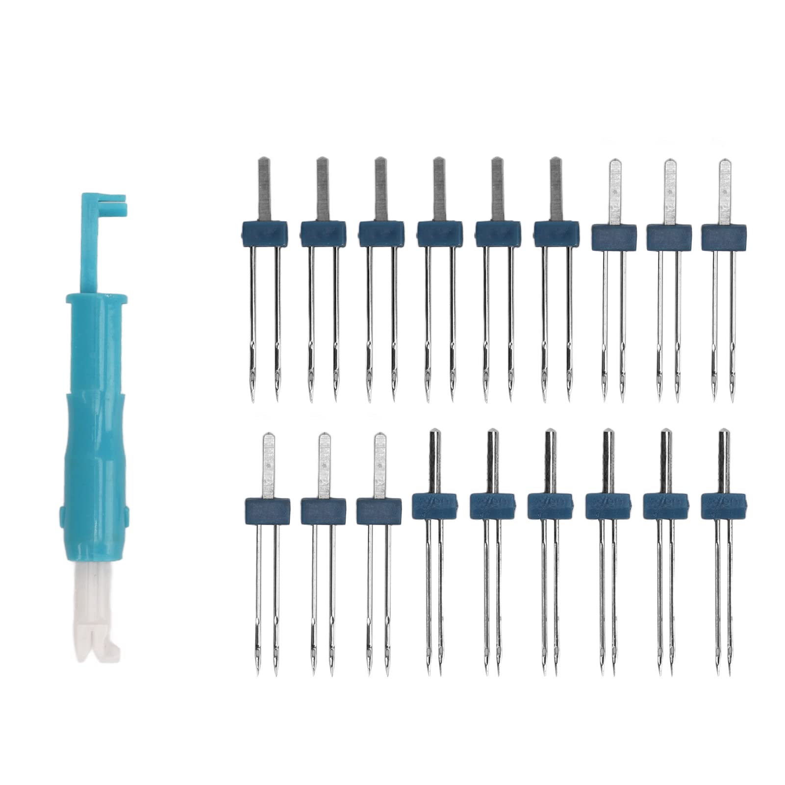 18PCS Sewing Machine Double Needle Kit Twin Needle and Needles Threader with Plastic Box(Blue)