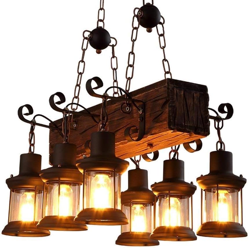 Farmhouse Lighting Industrial Rustic Wood Beam Linear Island Pendant Light Chandelier Lighting Hanging Ceiling Fixture 6 Light Amazon Com