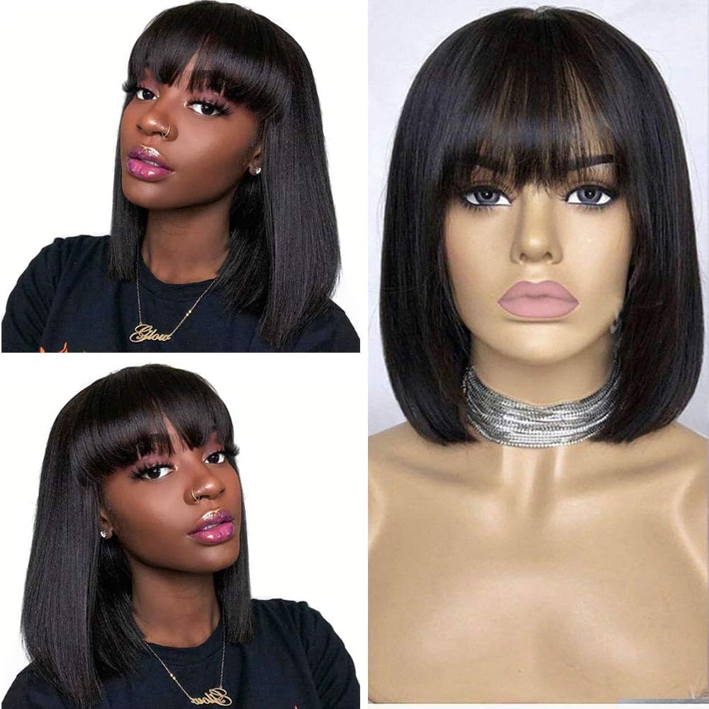 CLAROLAIR 10'' Human Hair Wigs with Bangs Bob Wig Human Hair Straight Short Bob Wig with Bangs Straight None Lace Front Wigs Full Machine Wigs Can Be Permed & Dye