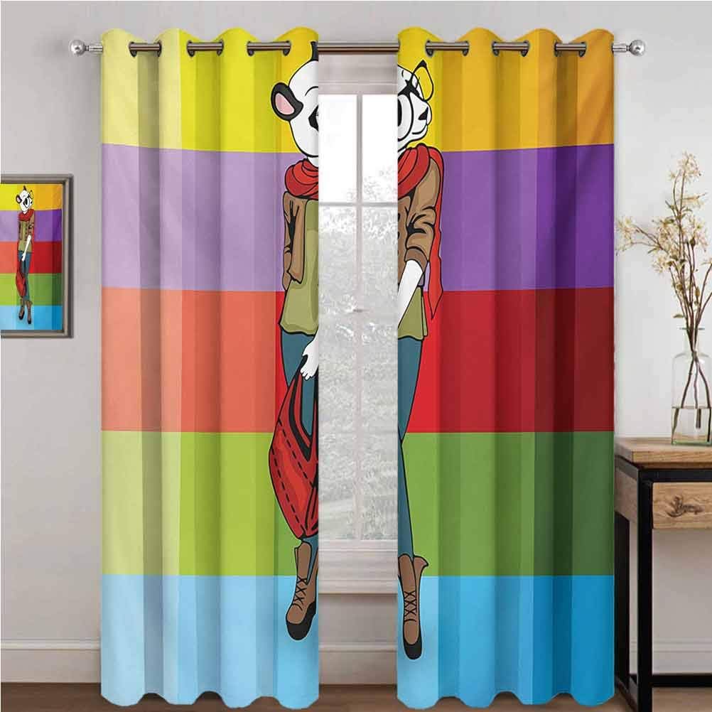 GUUVOR Girls Shading Insulated Curtain Cartoon Fox with Fashion Clothes in Human Form Stylish Hipster Animal Theme Colorful for Living Room or Bedroom W96 x L108 Inch Multicolor