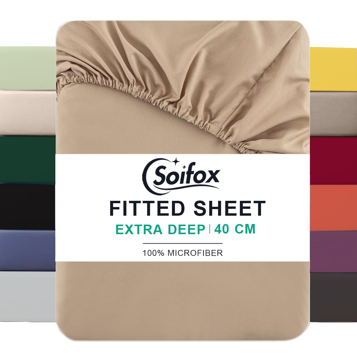 Soifox Double Fitted Sheets 40 cm Extra Deep Pocket Sandy Beige Bed Sheets 16 inch, Soft Microfiber Bottom Sheet for Double Bed, 135x190cm