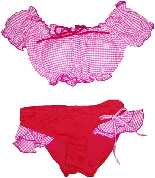 Amazon レディース 水着 ギンガムチェック 水着 パフスリーブ 2点 セット W436 M ピンク 赤 ビキニ セパレーツ 通販