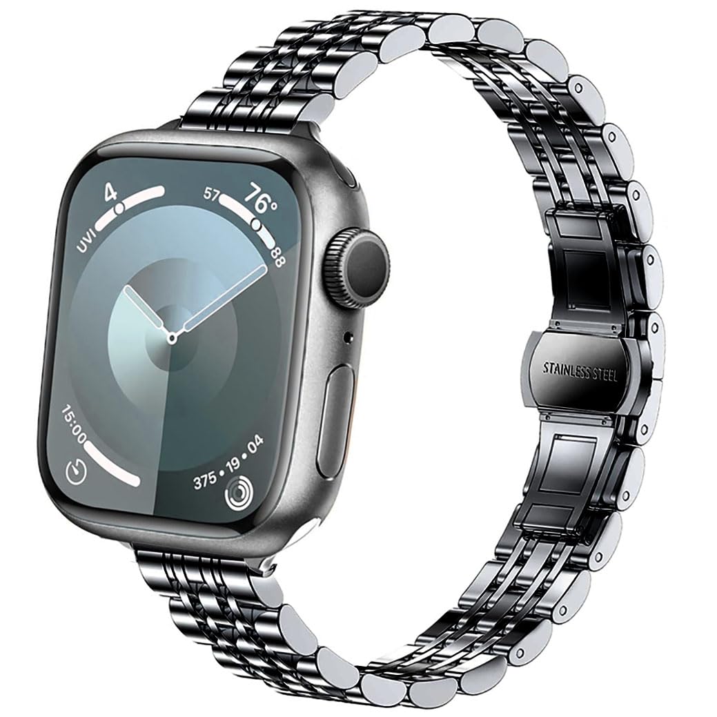 DEALELE Strap Compatible with Apple Watch 49mm 45mm 44mm 42mm, Slim 7-Bead Stainless Steel Metal Replacement Bands for iWatch Series 9/8 / 7/6 / 5/4 / 3 / SE/Ultra Women Men (Black)