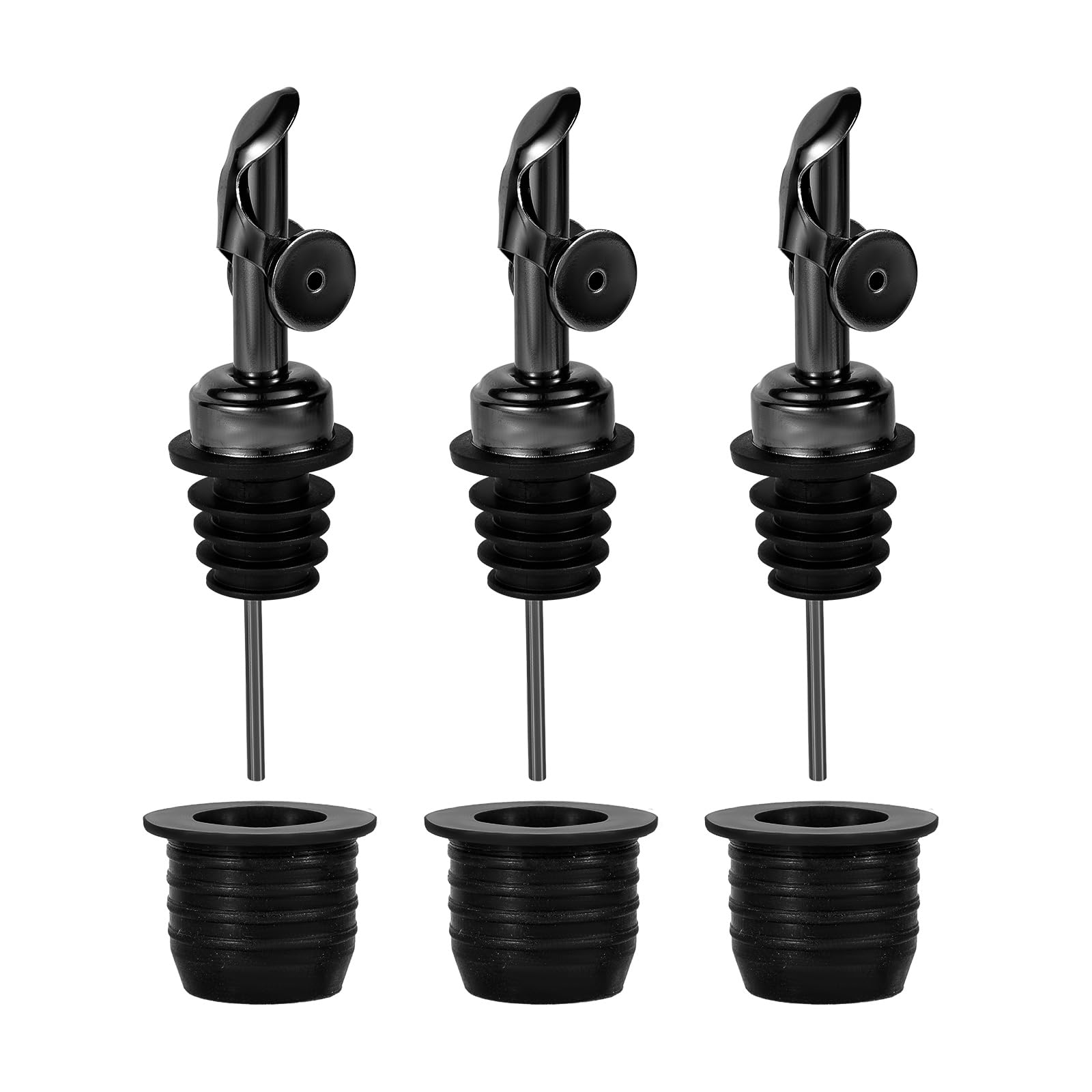 PEUTIER 6pcs Liquor Pour Spout & Adapters, Stainless Steel & Rubber Bottle Pourers for Alcohol, Olive Oil, Wine & More, Black, Cylindrical, Pourer, Bottle Stopper