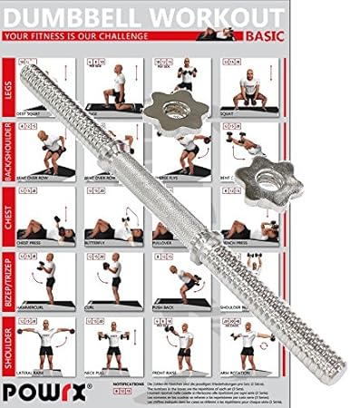 POWRX Kurzhantelstange inkl. Workout | Hantelstange 35cm 38cm 40cm | Verchromt | Rutschsicherer, gerändelter Griff | Durchmes