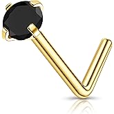 Enticera 2mm 14k Gold Plated G23 Titanium L Shaped Nose Rings Studs for Sensitive Skin Hypoallergenic 20g Round Cubic Zircon Handmade Titanium Thin Nose Rings L Shaped Nose Piercings Studs for Women