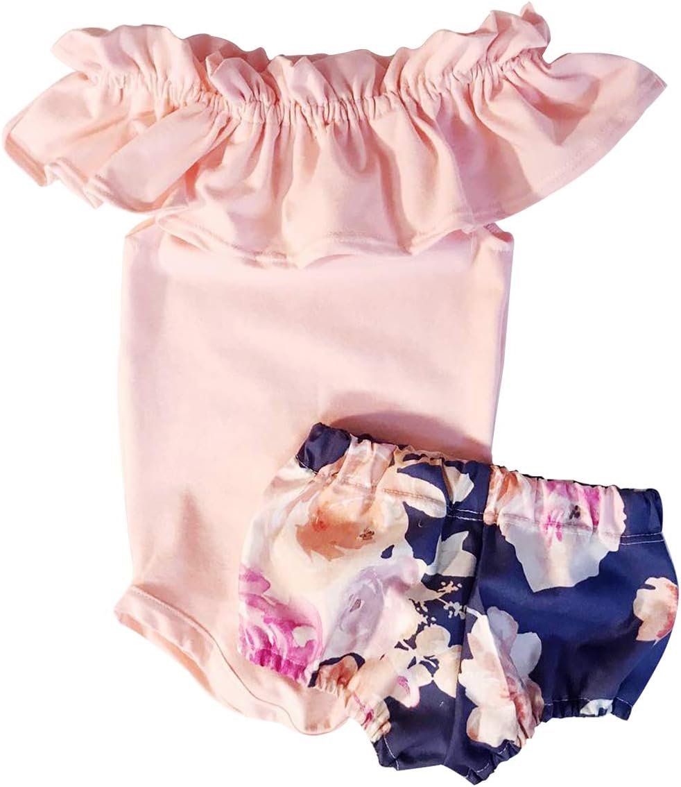 Newborn Baby Girl Jumpsuit Bodysuit Pink Sleeveless Ruffles Off-Shoulder Romper +Floral Shorts Summer Outfit Set