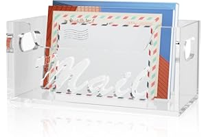 wishacc Transparent Acrylic Mail Holder Box, Decorative Bill & Letter Sorter for Desk, Countertop Vertical Envelope Storage Basket/File Folder Organizer/Paper Divider Tray