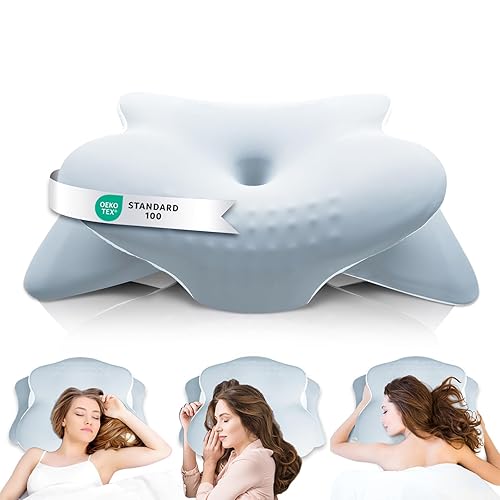 Asbtos Memory Foam Pillow - Cervical Pillows for Neck and Shoulder Pain, Ergonomic Neck Support Pillow with Washable Cooling Ice Silk Cover for Side Back Stomach Sleepers, Blue