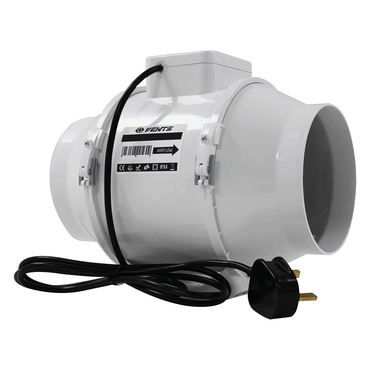 VENTS 125mm Inline Mixed Flow Ventilation Fan – With UK Plug & Lead for Bathroom & Kitchen Use