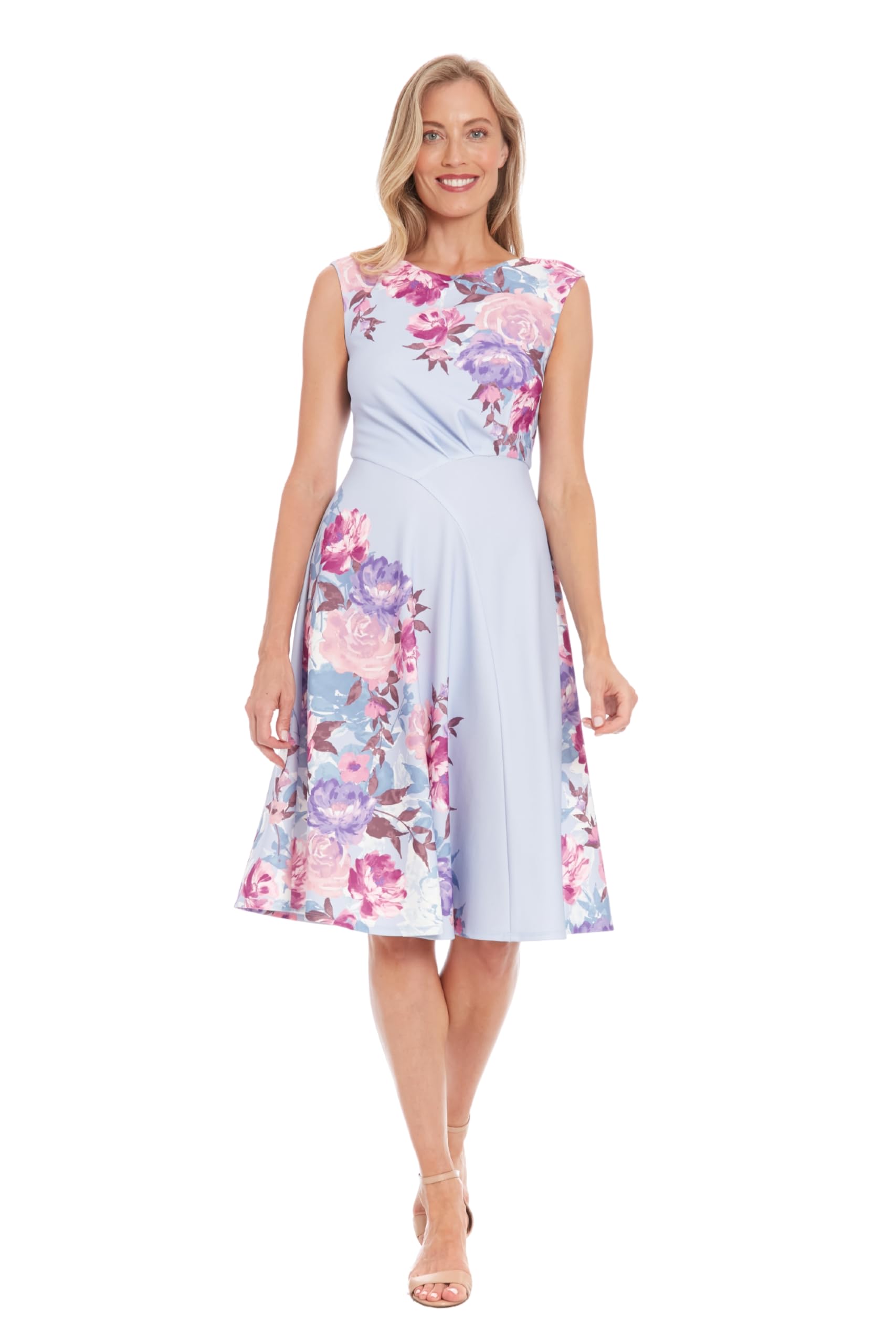 London Times Women’s Dresses Women’s Fit & Flare Midi Dress with Cap Sleeves – Stretchy Formal Fabric – Special Occasion Wedding Guest Dress, Baby/Pink, 8