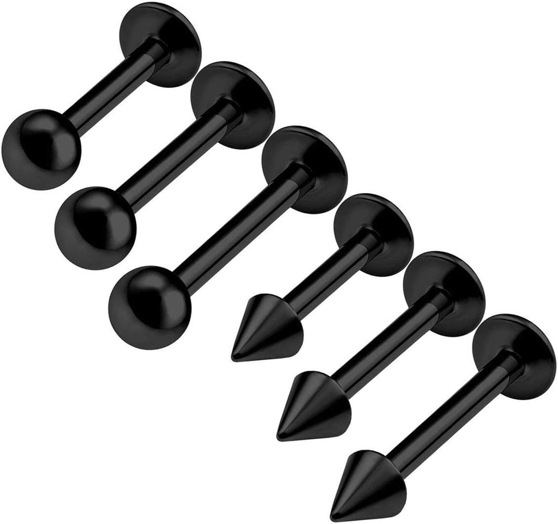 KJM FASHION6PCS Stainless Steel Black Lip Labret 16g 6mm 8mm 10mm 3mm Ball Spike Tragus Earrings Monroe Piercing Jewellery Choose Sizes