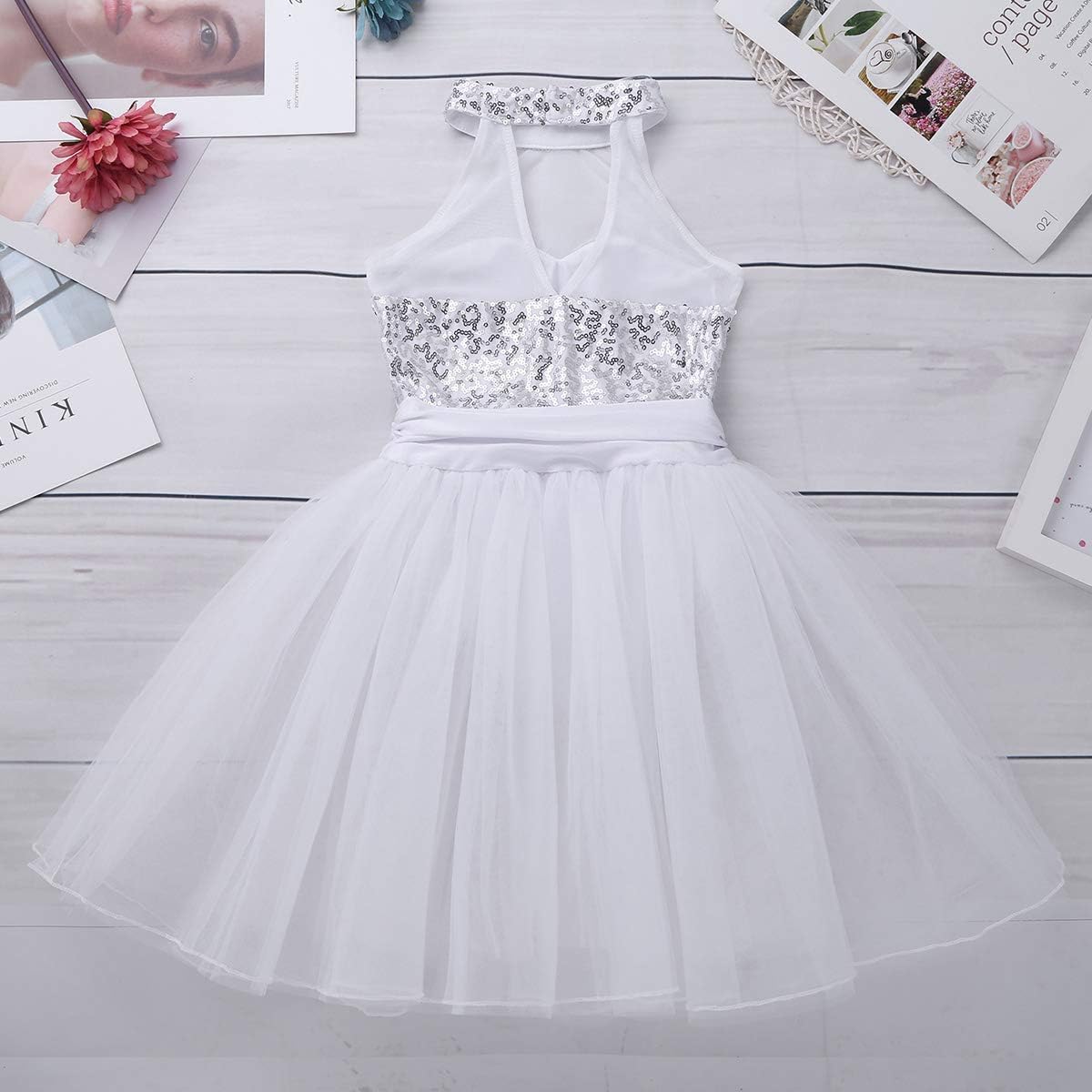 JEATHA Kids Girls Shiny Sequins Ballet Dance Costume Sleeveless Mock Neck Ice Roller Skating Dress Dancewear: Clothing