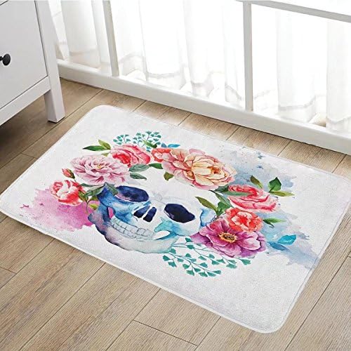 Skull door mat outside Funny Skull with Colorful Floral Head Victorian Style Dead Skeleton Graphic Art Print Bathroom Mat for tub Non Slip16"x24" Multicolor
