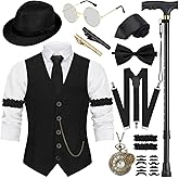 VillbeCoser 1920s Mens Costume, Roaring 20s Costumes Accessories Set Vest Foldable Crutches Fedora Hat Pocket Watch Tie