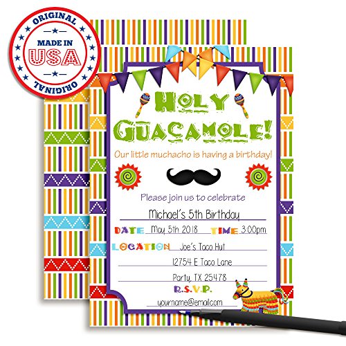 Fiesta Holy Guacamole Muchacho Birthday Celebration Invitations for Boys, Ten 5"x7" Fill In Cards with 10 White Envelopes by AmandaCreation - Thumbnail 2