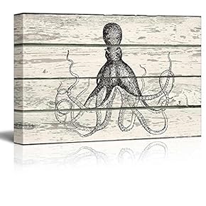Sketched Drwaing of an Octopus on a Rustic Wooden Background