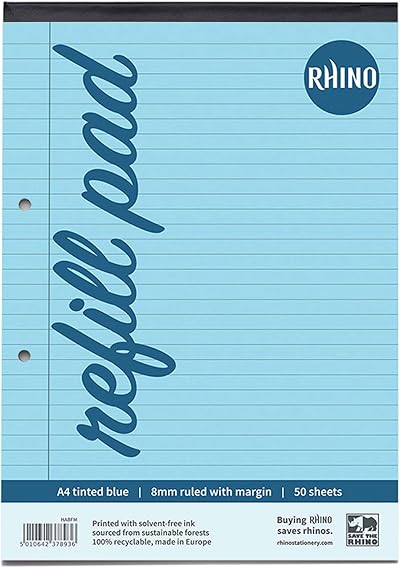 Rhino A4 Refill Pad 100 Pages 8mm Blue Lined Dyslexia SEN Office School