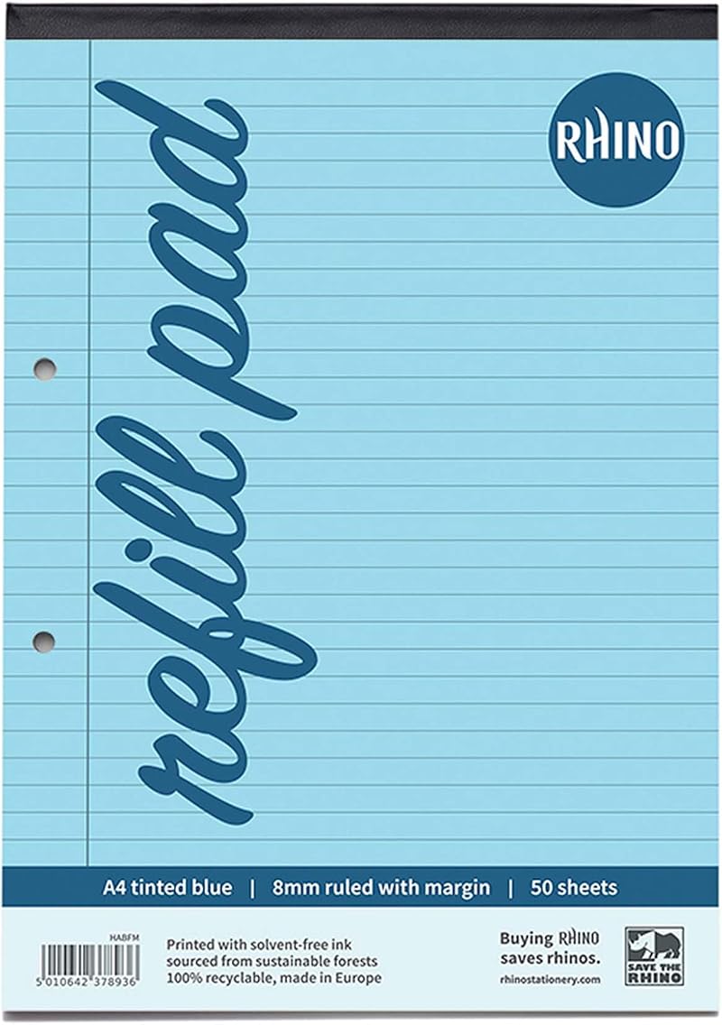 Rhino A4 Refill Pad 100 Pages 8mm Blue Lined Dyslexia SEN Office School