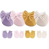 JOTDEW 4 Pcs Newborn Hats Mittens Set Infant Cap Bow Hospital Beanie Preemie Hat for Baby Boy Girl 0-6