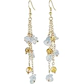 SUNYIK Natural Crystal Chip Stones Dangle Earrings for Women, Long Triple Chain Tumbled Stones Drop Earrings for Ladies