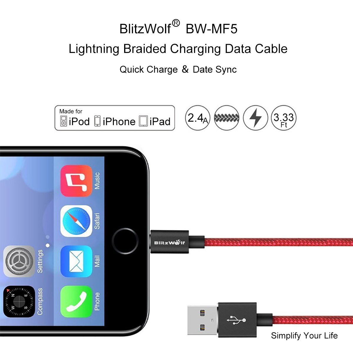 Lightning Cable Apple MFI Certified, BlitzWolf 1.8m 2.4A Nylon Braided Lightning to USB Cable with Magic Tape Strap for iPhone SE / 7 / 7 Plus / 6 / 6s / 6 Plus / 6s Plus, iPhone 5 / 5s / 5c, iPad Air, iPad mini, iPad Pro, iPod Touch, iPad(