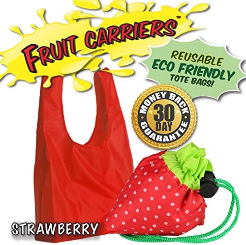 FRUIT CARRIERS 4 Pack: Eco-friendly, Reusable Shopping Tote Bags Available in 6 Fun Designs! Grapes, Pineapple, Carrot, Kiwi, Strawberry and Chili Pepper. (Strawberry)