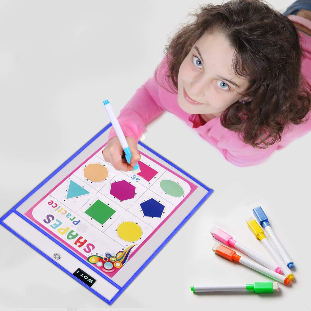 Dry Erase Pockets Reusable Dry Erase Sleeves Oversized 10 x 14 Inches Teacher Supplies for Classroom 20 Dry Erase Pocket Sleeves Assorted Colors + 20 Pens + 4 Dry Erasers WOT I