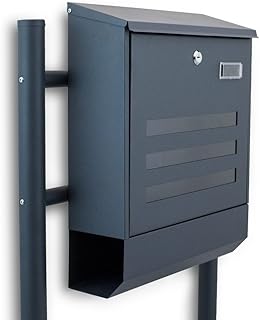 BITUXX® Freistehender Standbriefkasten Briefkastenanlage Briefkasten mit Zeitungsrolle Eckig und Fenster Dunkelgrau Anthrazit