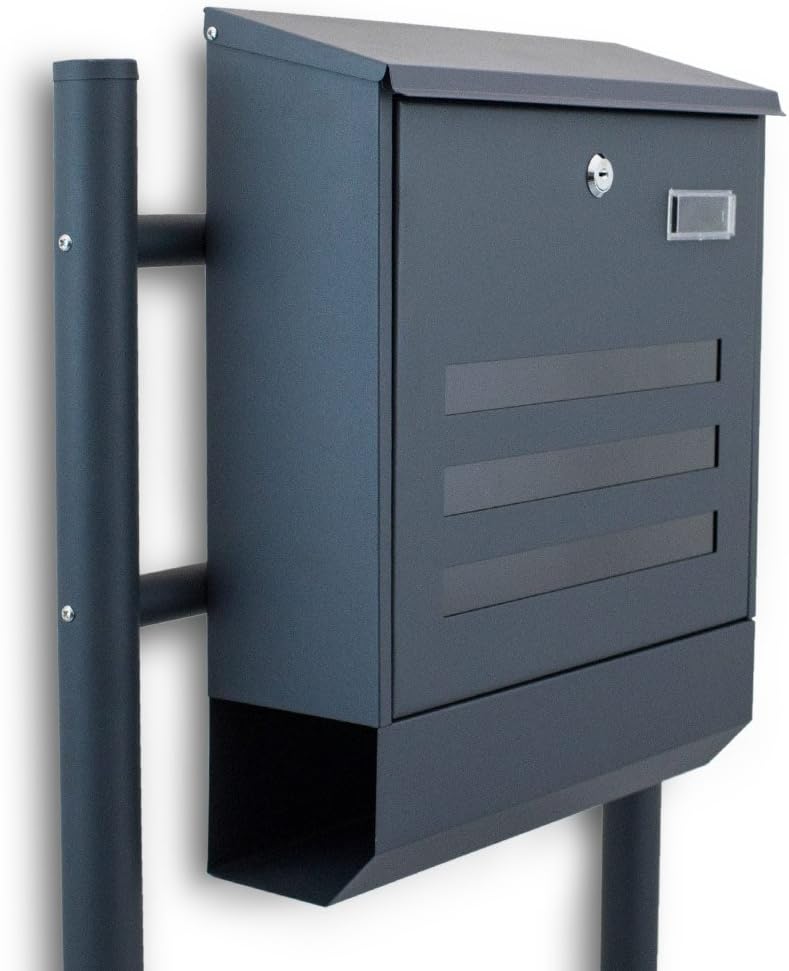 BITUXX® Freistehender Standbriefkasten Briefkastenanlage Briefkasten mit Zeitungsrolle Eckig und Fenster Dunkelgrau Anthrazit