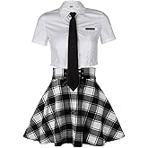 SFBBCLOZ Women's 2 Piece School Girl Outfit Costume Tie Shirt Plaid Skirt Set Club Cosplay School Girl Uniform Role Play Set(Black, L)