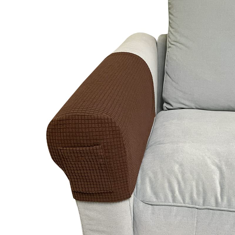 Skybook Armrest Chair Covers with 1 pocket Stretch Armchair Couch Arm Rest Cover Anti-Slip Spandex Polyester Sofa Chair Arm Caps Slipcovers for Furniture Protector Set of 2 (Dark Coffee)