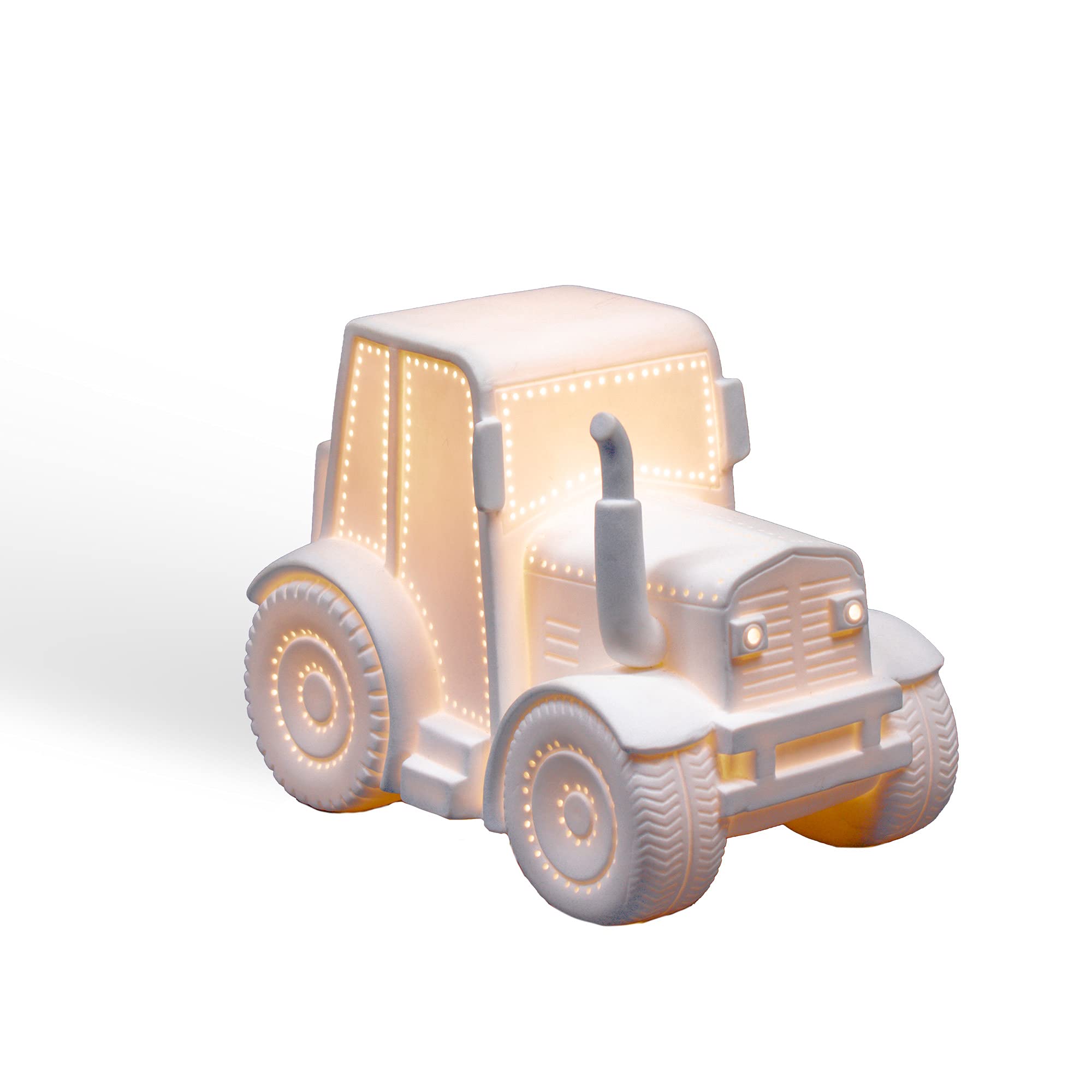 Light-Glow Porcelain Tractor Bedside Lamp for Kids - Handmade with Perforations for a Cozy Glow, Safe and Durable Night Light for Children’s Nursery or Bedroom