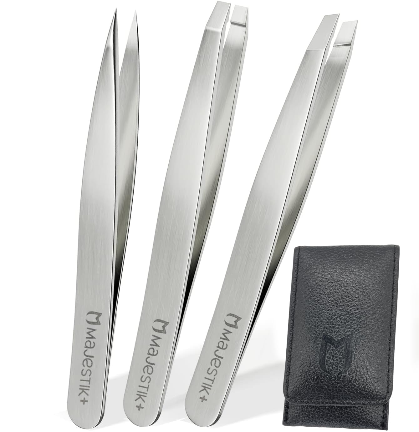 3pcs Tweezers Set with Leather Case - Stainless Steel, Slant, Straight and Pointed Tip Tweezers - Tweeze with Ease, Eyebrow and Nose Hair, Splinters & More