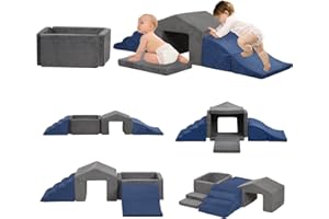 MOOZHEALTH Soft Play Climb and Crawl Activity Playset,Foam Climbing Building Blocks for Toddlers with Ball Pit - Baby Crawling & Sliding Gym Equipment Indoor Active Playing for Preschool,6 Pcs (gray & blue)