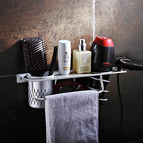 Aluminum Wall Mounted Bathroom/Washroom Daily living Furniture Organizer Hair Dryer Holder Toothbrush Storage Towel Racks Hooks Shampoo Trays Shelves With 1 Cups