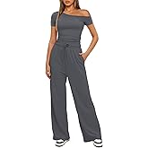 Darong Women's 2 Piece Outfits Lounge Sets Off Shoulder Short Sleeve Tops and High Waisted Wide Leg Pants Tracksuit Sets