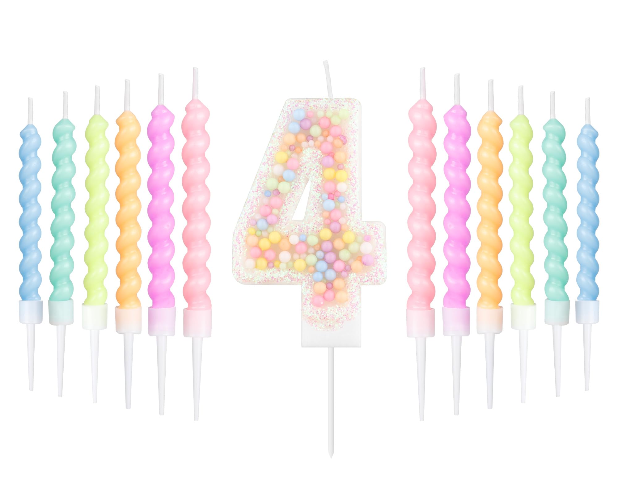 White Macaron 4th Birthday Candles Set, Girls Boy 4th Birthday Decorations,Number 4 Candle for Cake,12pcs Pastel Spiral Candles Rainbow Candle for Girl Boy Party Decoration,Baby Showers Supplies