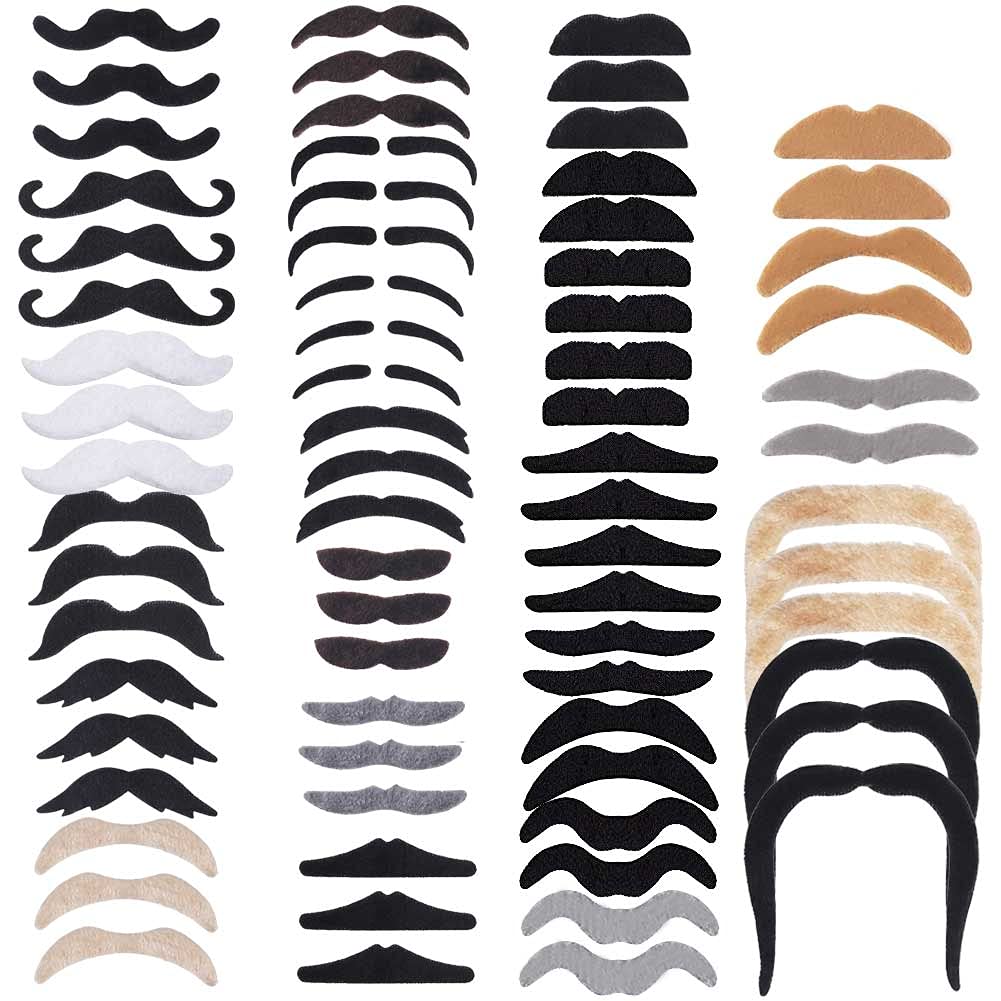 Zngou 72 PCS Fake Moustaches Assorted Novelty Self Adhesive Moustaches Fancy Dress Black and Brown Stick on False Beard and Moustache for Adult Kids Mexican Masquerade 70s 80s Party Favor Costume