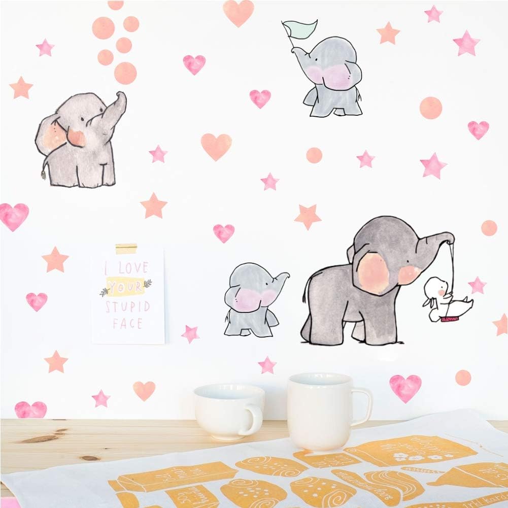 Adorable Elephant Wall Decal, Lovely Family Elephant with Love Heart Stars Wall Sticker, Baby Nursery Bedroom Classroom Decoration