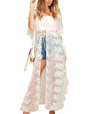 Blooming Jelly Womens Cover Up Tie Open Front Mesh Lace Crochet Swim Swimsuit Beach Kimono Cover Up One Size