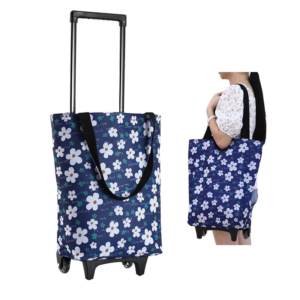 Belegao Foldable Shopping Trolley - Zipped Closure Waterproof Tote Bag with Telescopic Handle for Women, Flower