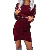 FECAFO Women Wrap Glitter Ruched Bodycon Dress Sequin Long Sleeve Evening Dress Wrap Hem Ruched Club Party Mini Dress