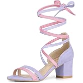 Allegra K Women's Open Toe Color Block Heel Lace Up Light Purple Sandals 9 M US