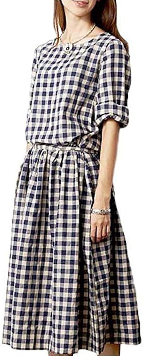 チェック ワンピース コットン ロング丈 ゆったり チェック柄 ロング ワンピ 丸首 レディース 紺 ワンピース チュニック 通販 Amazon