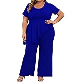CXXQ Women's Plus Size 2 Piece Outfits Suit Set Short Sleeve Peplum Top Straight Pants Sets Business Pantsuits