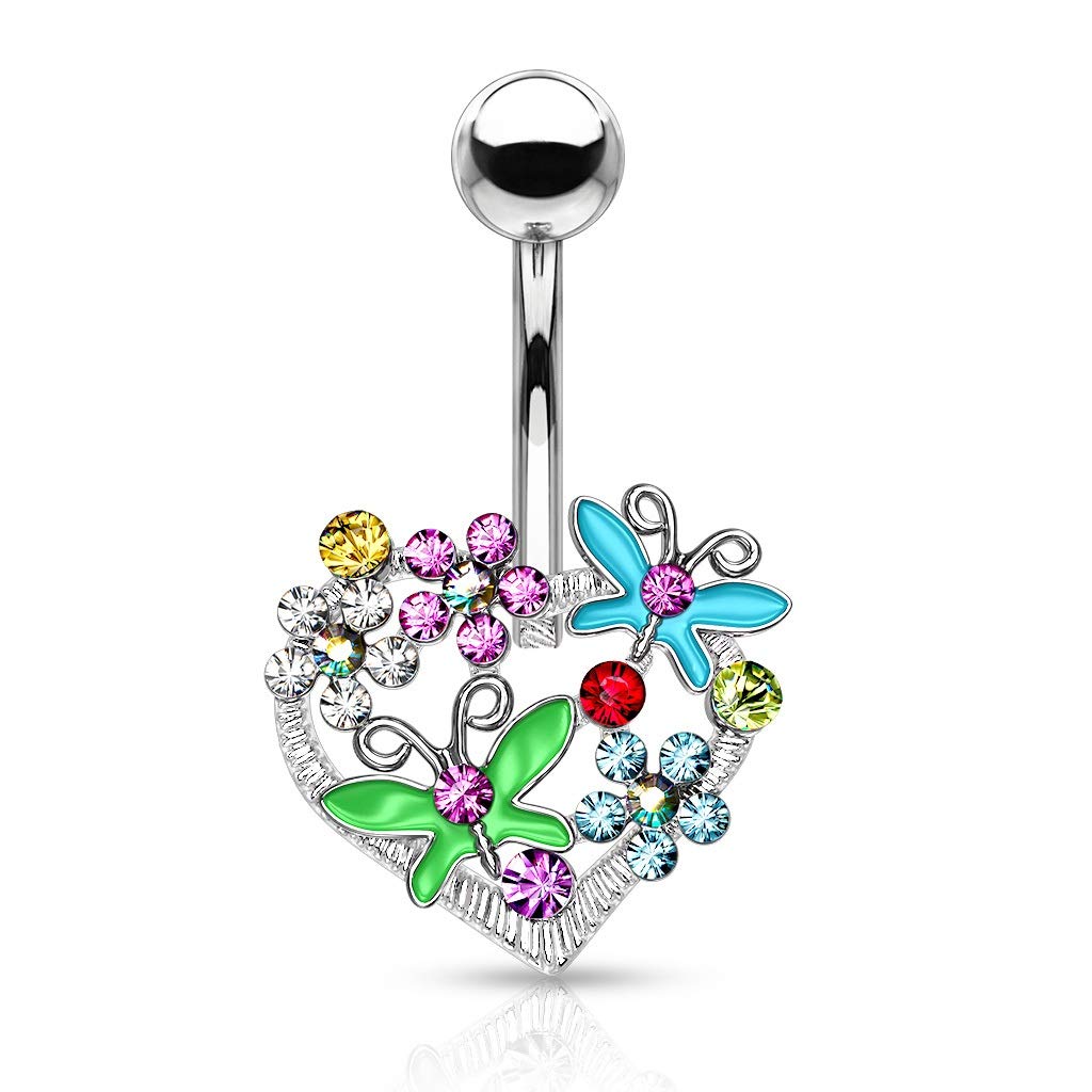 PiercedOff Crystal Butterfly's and Flowers on a Heart Belly Bar