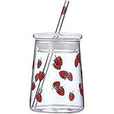 JHNIF 18 Oz Lovely Strawberry Clear Glass Tumbler with Lid and Straw.