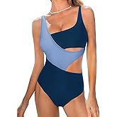 CUPSHE Women's One Piece Swimsuit Scoop Neck Color Block Bathing Suit Wide Straps Side Cutout